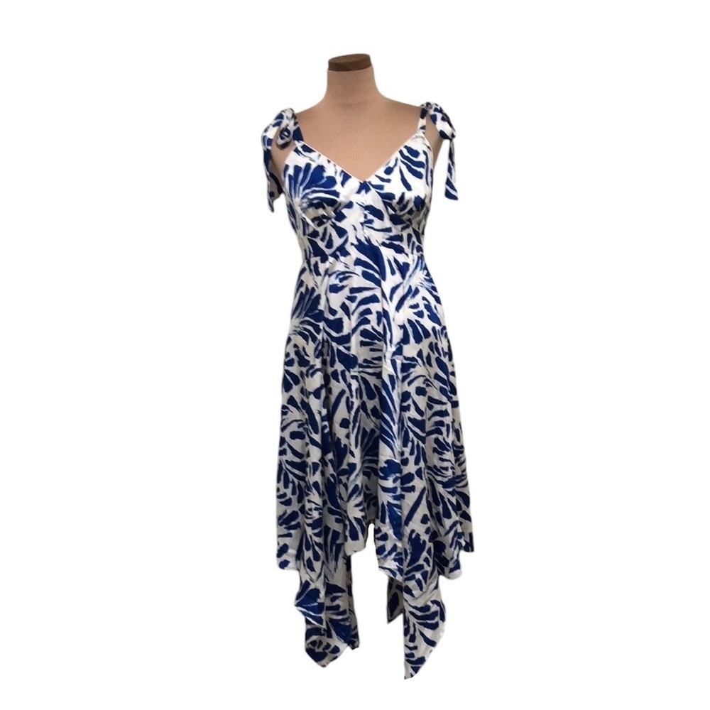 NWT Alexis x Target Midi Dress Size Small Cream Blue Print Asymmetrical Hem